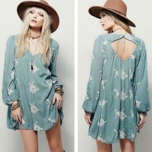 Free People Emma Dress Blue and Cream Embroidered Floral
